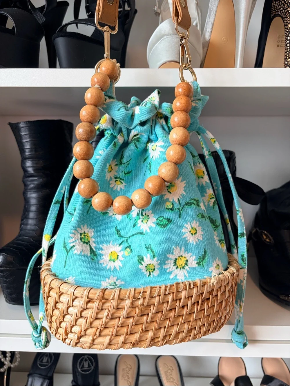 C&C California Blue Daisy Woven Bucket Bag with Tan Strap